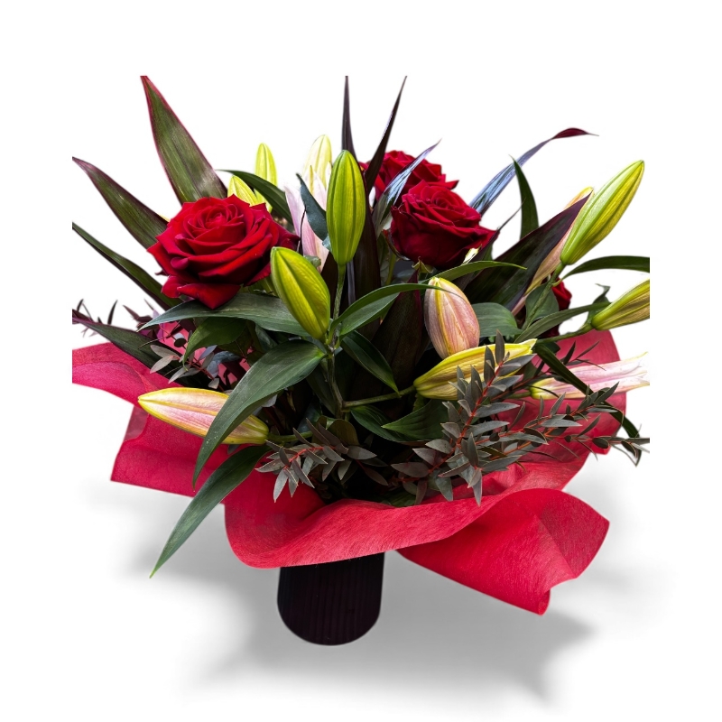 Vase of lilies and roses