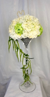 Artificial green and white hydrangea vase with lights