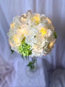 Artificial green and white hydrangea vase with lights