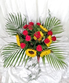 Striking Sunflower & red rose bouquet
